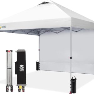 CROWN SHADES 10x10 Pop Up Canopy with 1 Side Wall - Beach Tent with One Push Setup - Outdoor Sun Shade for Events, Parties, Camping - Gazebo with STO-N-Go Cover Bag (White)
