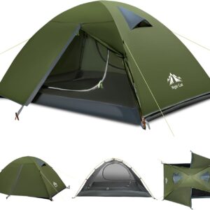 Night Cat 2-Persons Backpacking Tent: Waterproof Lightweight Camping Tent for Two People Hiking Outdoor Mountain with Aluminum Poles and Rainfly Green